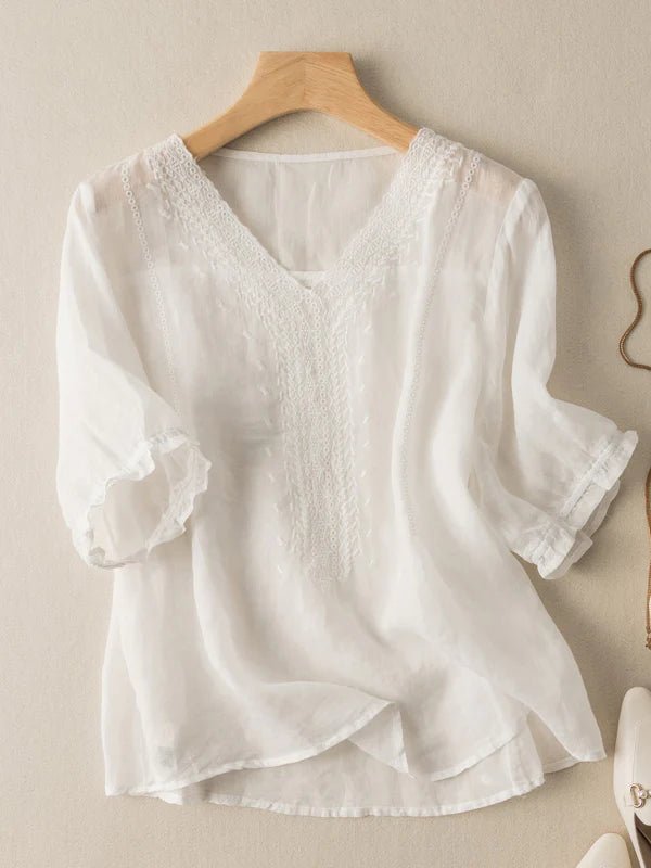 Color V Neck Short Sleeve Linen Top