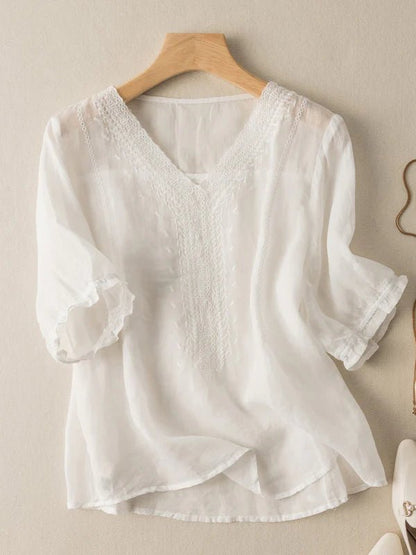 Color V Neck Short Sleeve Linen Top