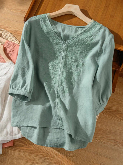 Embroidered V Neck 3/4 Sleeve Linen Tee Top