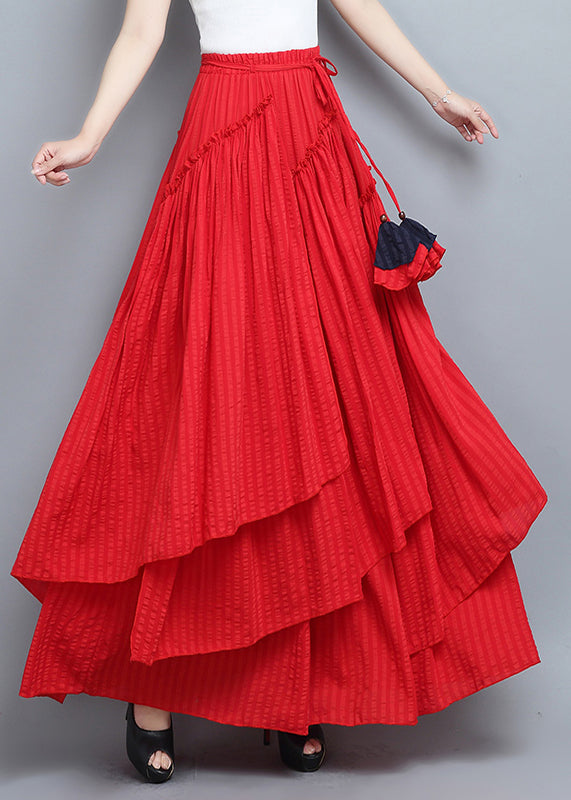 Red Asymmetrical Tie Waist Pleated Skirt