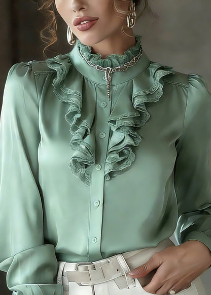 Green Ruffled Patchwork Silk Shirt Lantern Sleeve