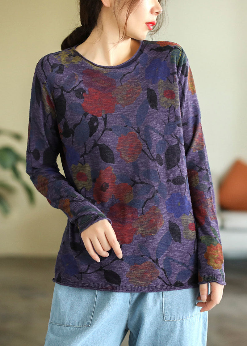 Beige O-neck Print Cotton Knitted Top Long Sleeve