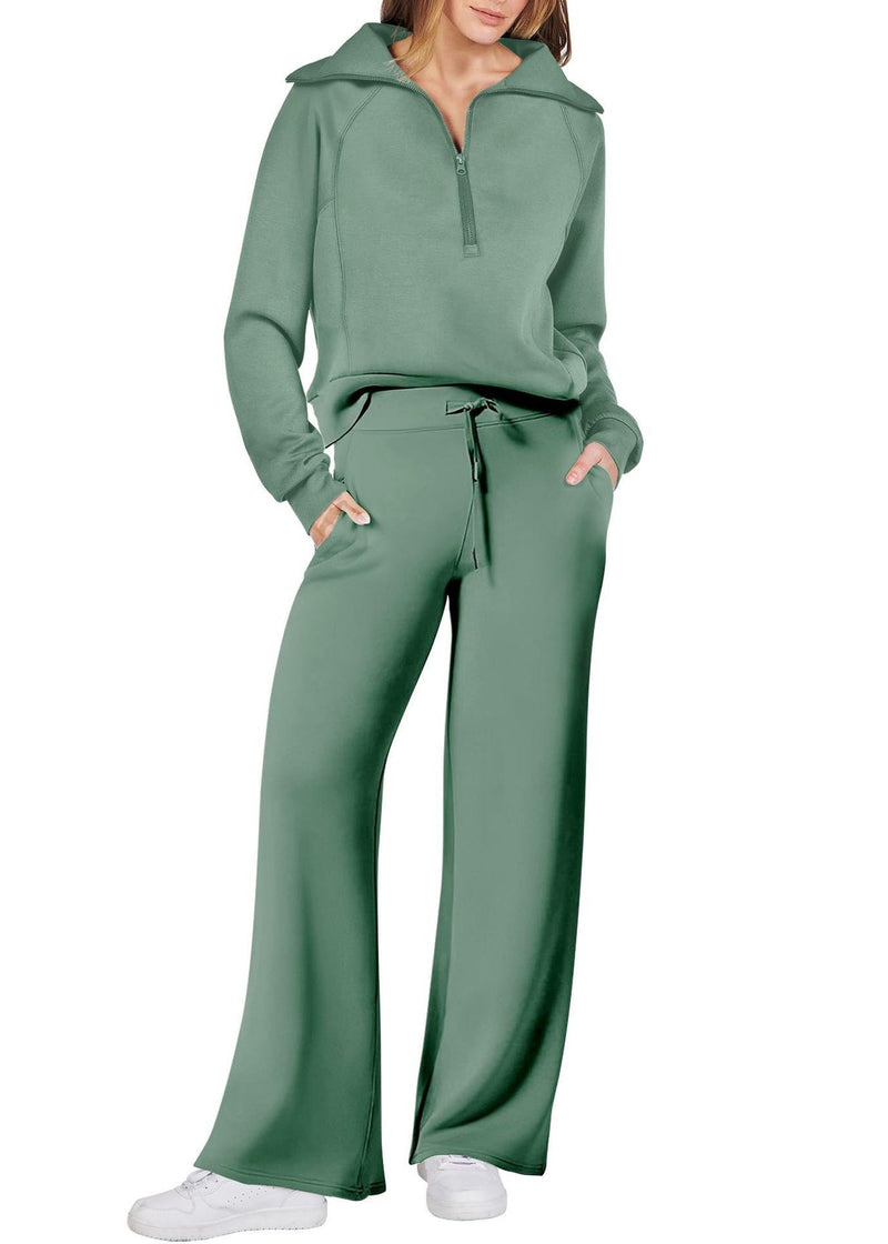 Loose Light Green Zip Up Tops and Wide Leg Pants Cotton Two Pieces Set Spring