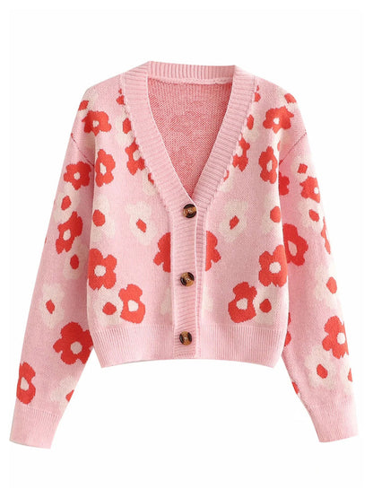 V-neck Button Flower Jacquard Loose Thin Knitted Cardigan Top