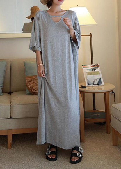 Diy O Neck Baggy Cotton Quilting Clothes Outfits Gray Long Dresses