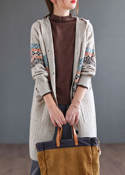 Beige Button Knitted Hooded Coats Cardigans