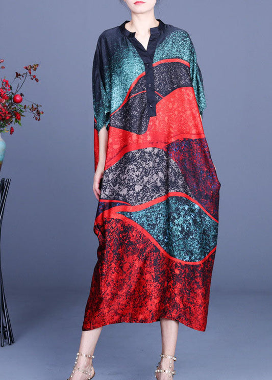 Color Block Bat Wing Sleeve Print Silk Dress