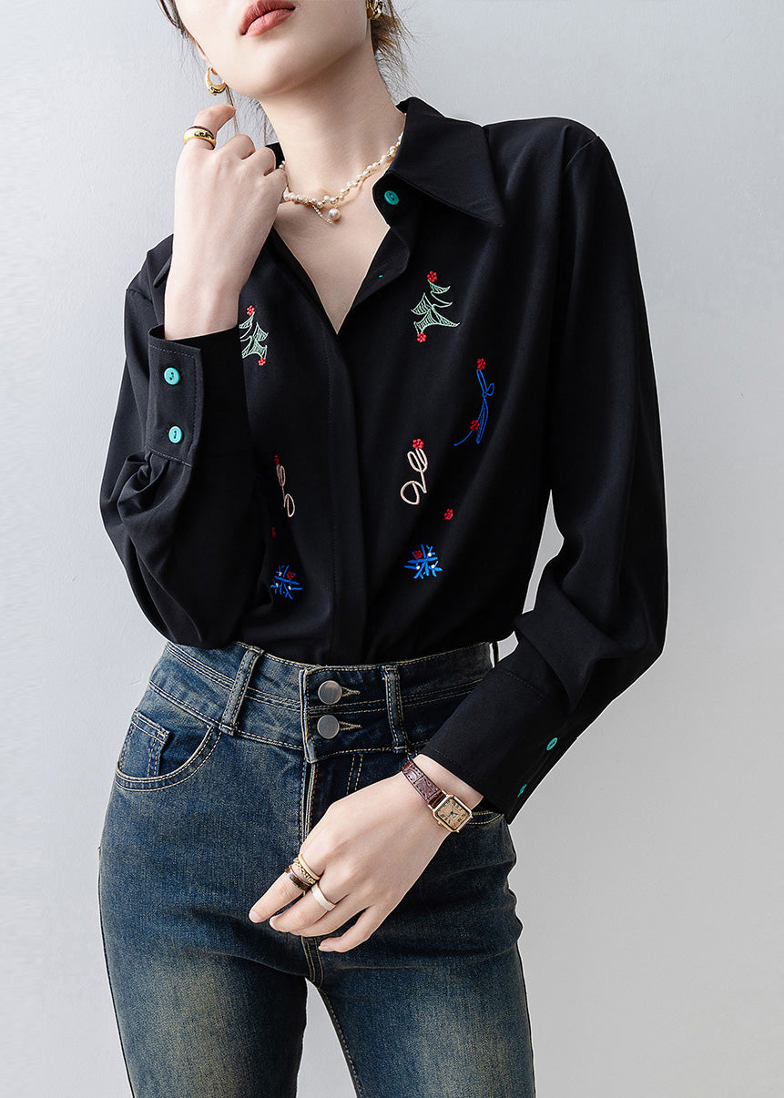 Black Embroidered Chiffon Blouse Tops Spring