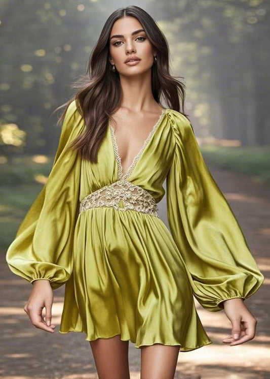 Stylish Green V Neck Patchwork Silk Mid Dress Spring