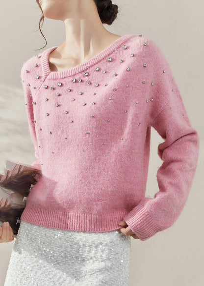 Pink O-neck Nail Bead Cozy Cotton Knit Sweater Spring