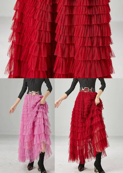Organic Red Elastic Waist Layered Tulle a Line Skirt Summer