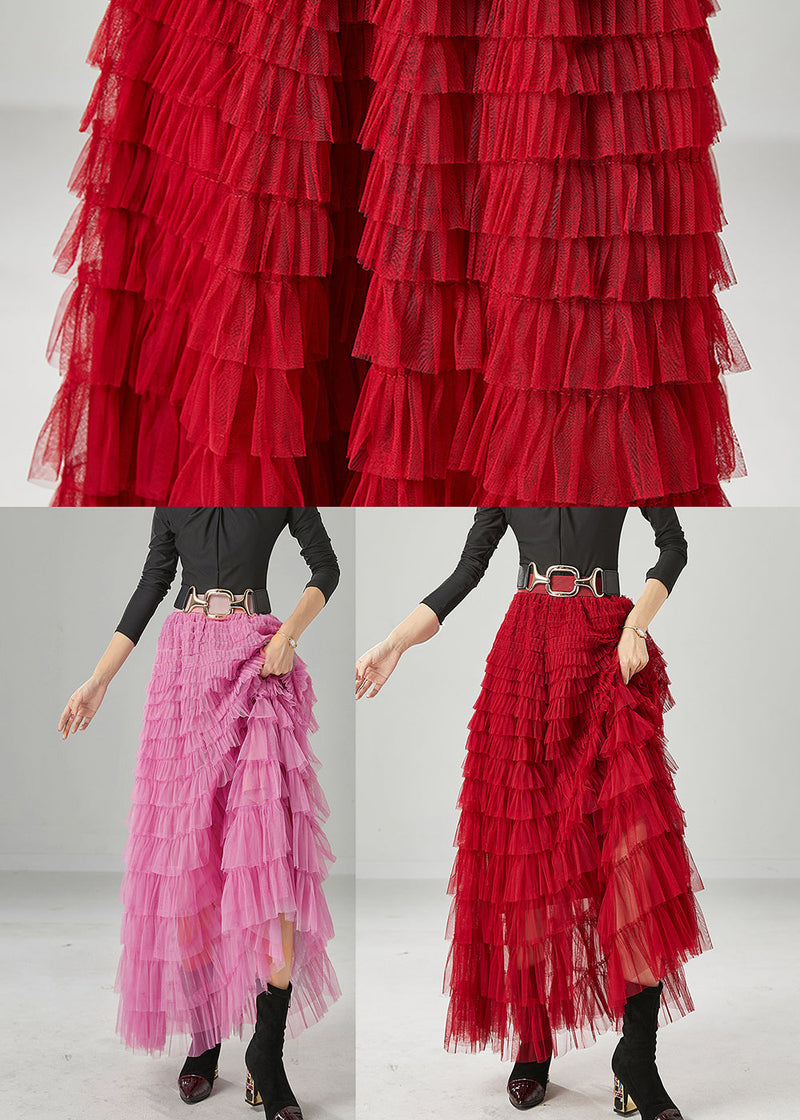 Organic Red Elastic Waist Layered Tulle a Line Skirt Summer