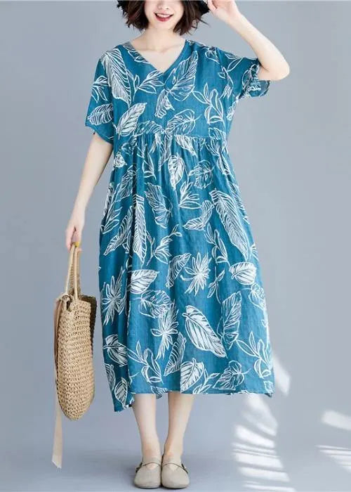 Blue Print Linen Clothes for V Neck Cinched Cotton Summer Dresses