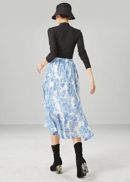 Light Blue Asymmetrical Print Chiffon Skirt Summer