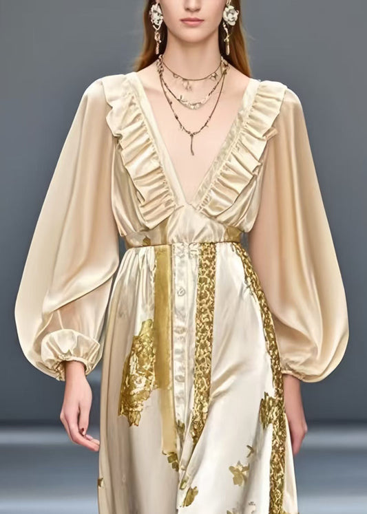 Champagne Ruffled Print Silk Dress Summer