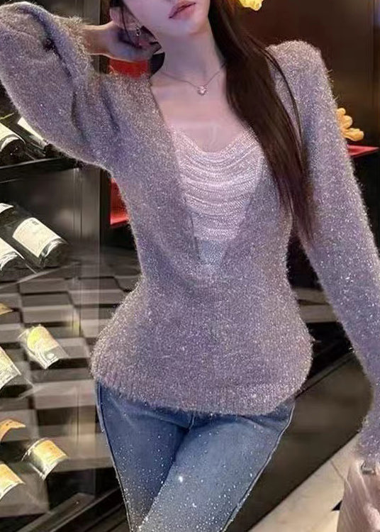 Silver Stringing Beads Patchwork Knit Sweaters V Neck Spring