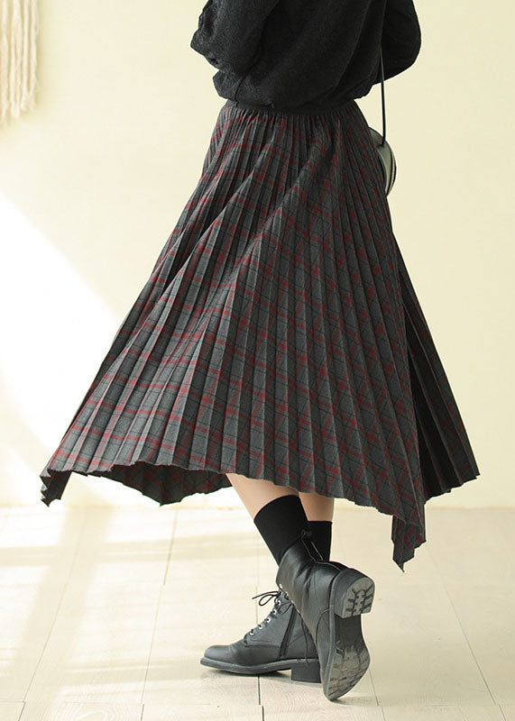 Chocolate Elastic Waist Asymmetrical Design Plaid Cotton Skirt Fall