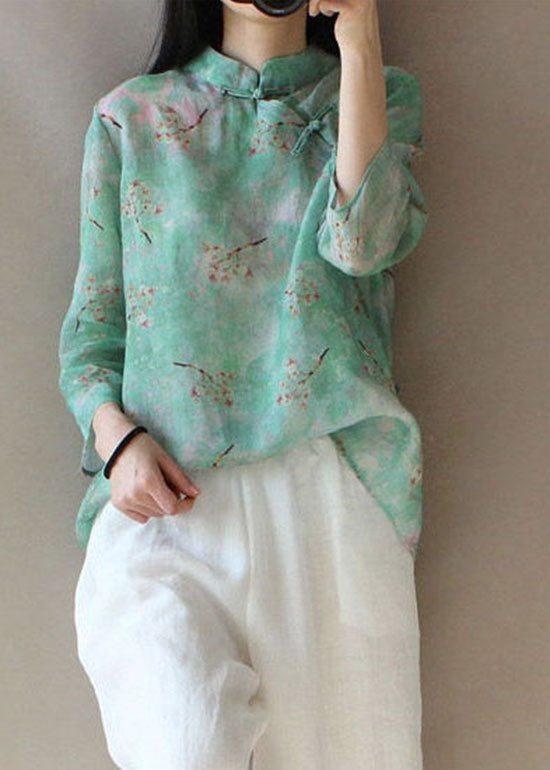 Light Green Button Stand Collar Print Tops Spring
