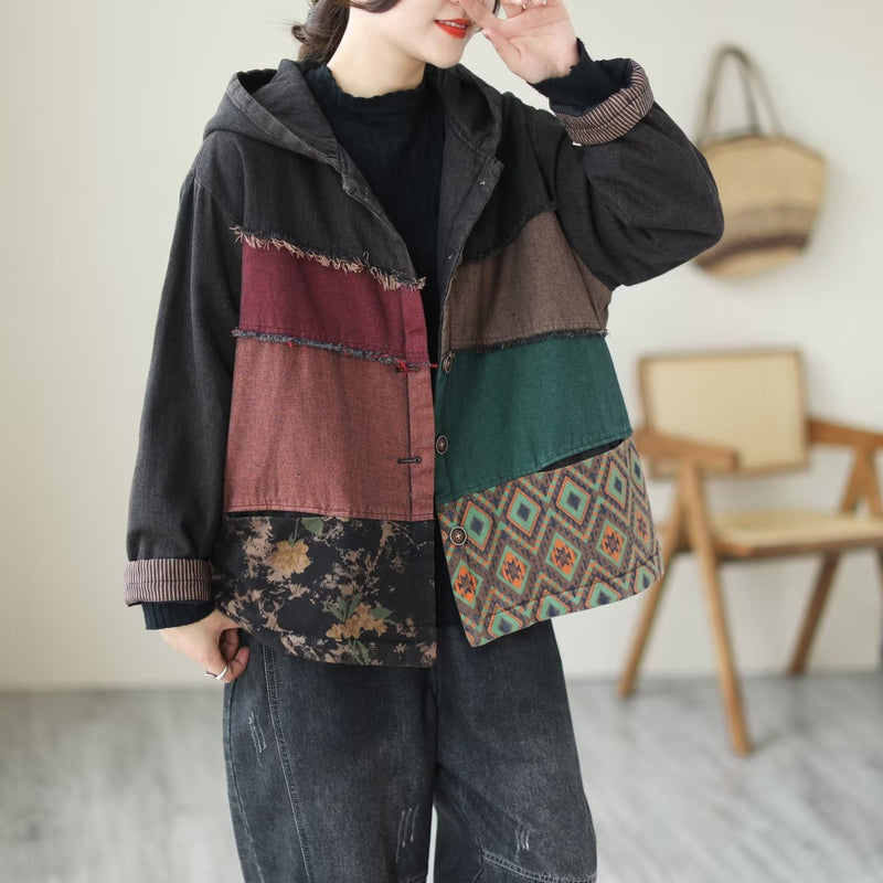 Padded Thick Loose Colorblock Denim Jacket