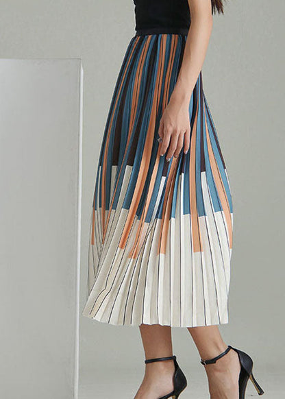 Fitted Colorblock Striped Print Pleated Skirt Spring