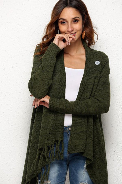 Tassel Asymmetrical Hem Shawl Speckled Fringe Cardigan - Green