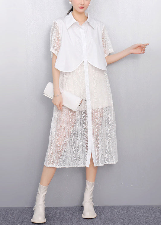 White Peter Pan Collar Patchwork Lace Shirt Dress Summer