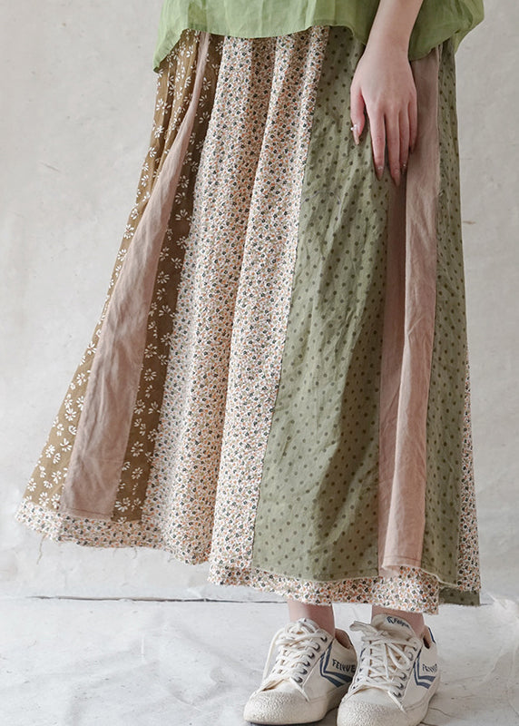 Boutique Green Elastic Waist Print Patchwork Cotton Skirt Spring