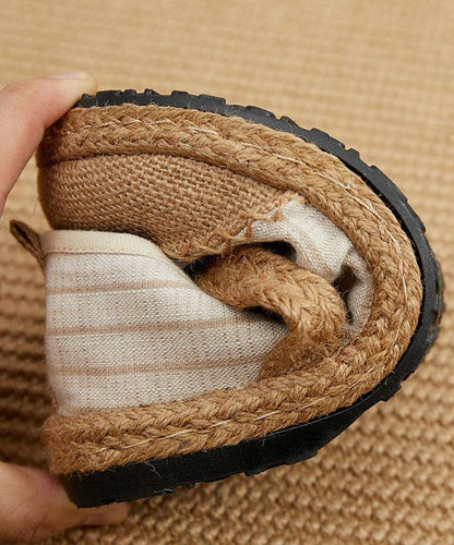 Beige Striped Cotton Linen Flat Flat Shoes for