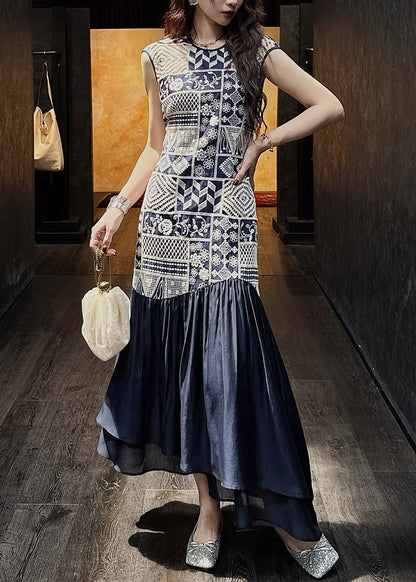 Art Navy O Neck Hollow Out Wrinkled Patchwork Cotton Long Dress Sleeveless