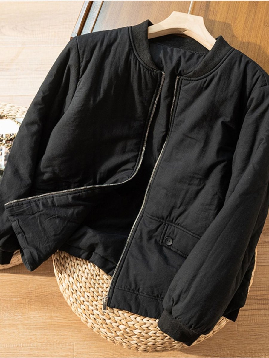 100% Natural Fabric Zipper Round Neck Long Sleeve Coat