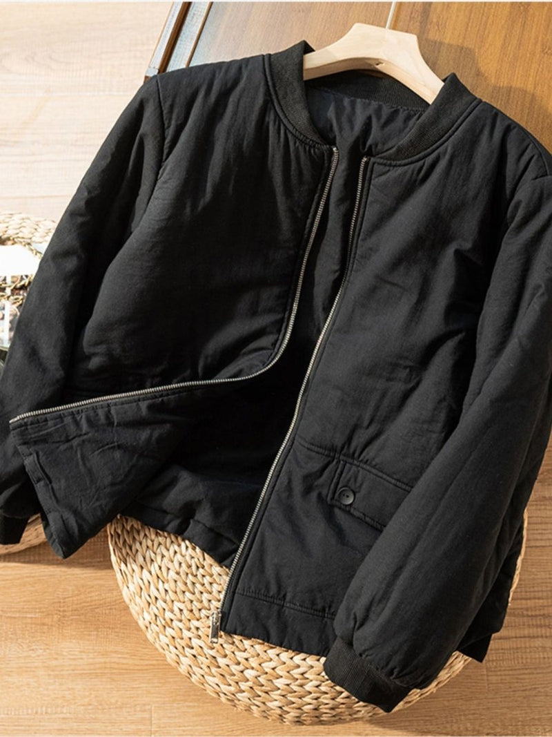 100% Natural Fabric Zipper Round Neck Long Sleeve Coat