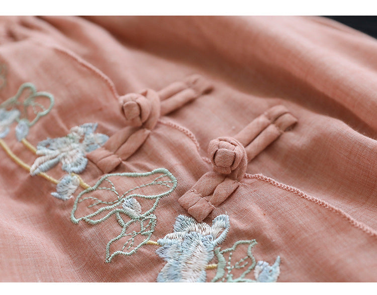 Double Cotton Linen Embroidered Buckle A-line Skirt