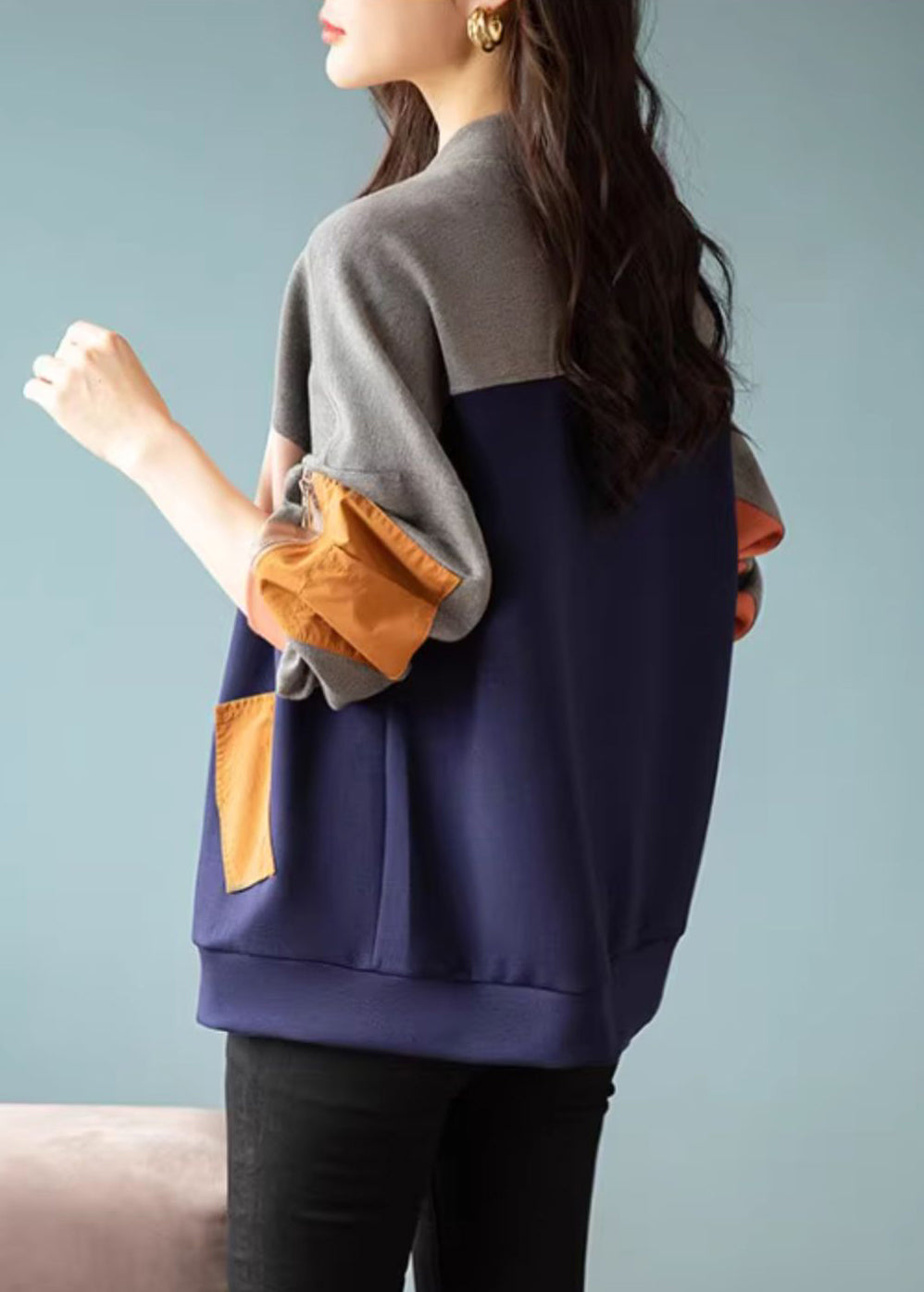 Colorblock Zip Up Asymmetrical Patchwork Cotton Coat Fall