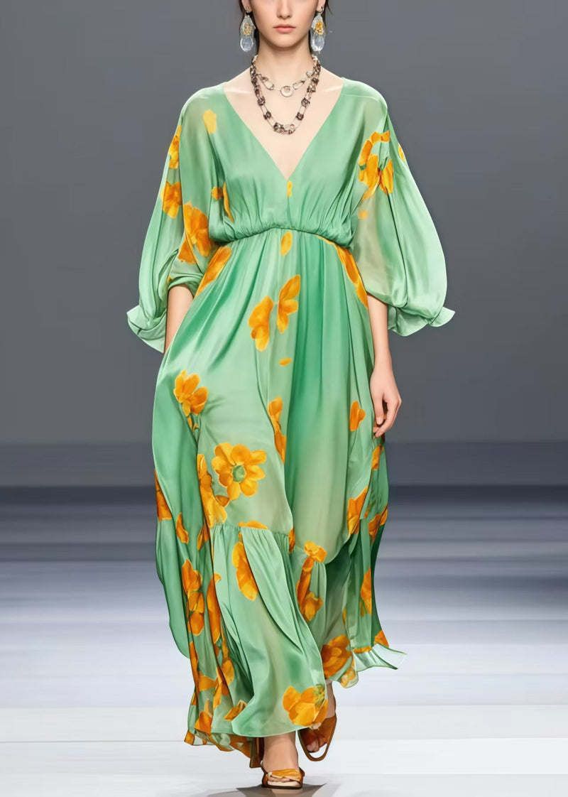 Loose Grass Green V Neck Silk Long Dress Lantern Sleeve