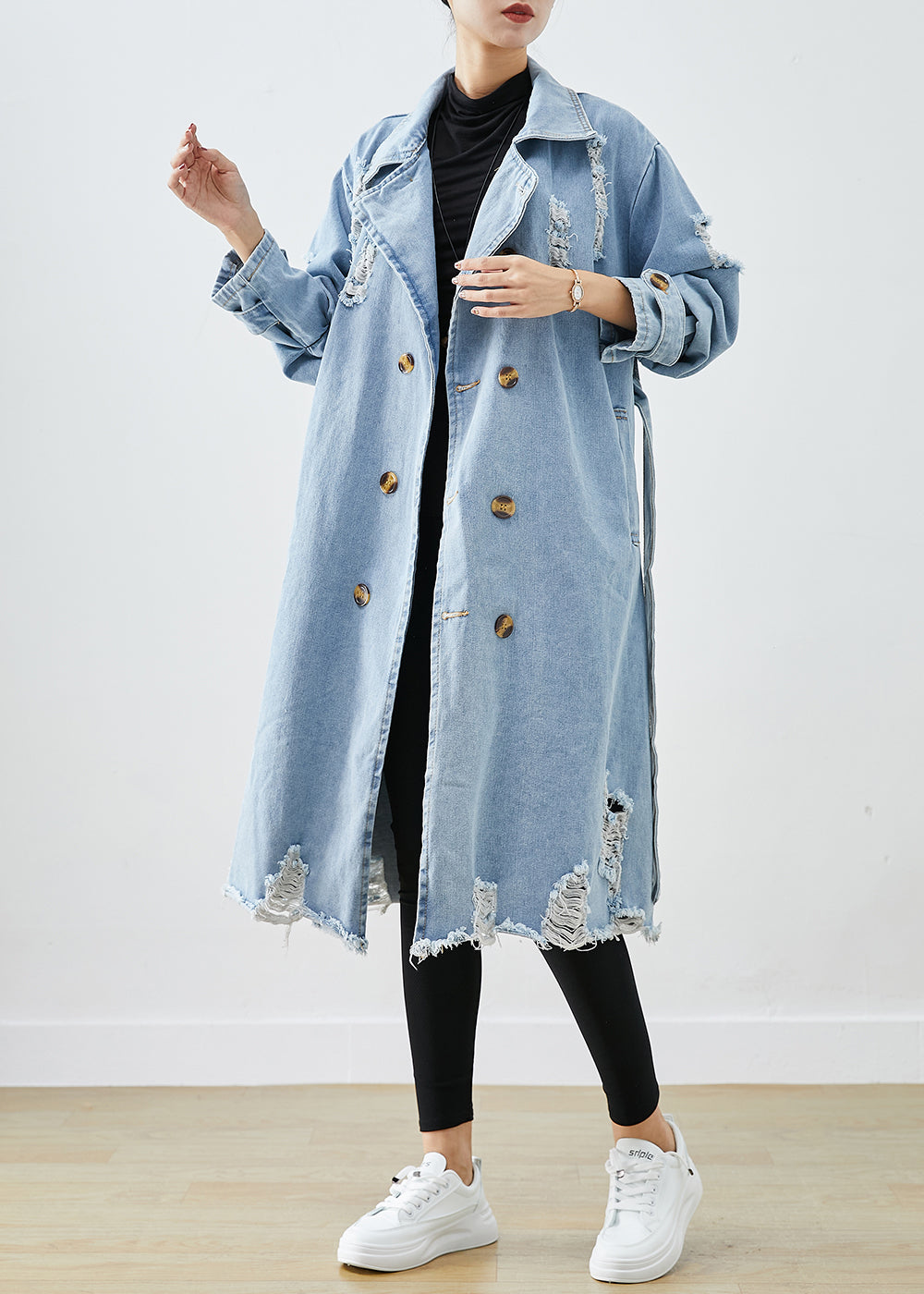 Light Blue Lapel Double Breast Denim Ripped Coats Fall