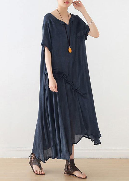 Blue Cinched Cotton Tunics Asymmetric Long Summer Dress