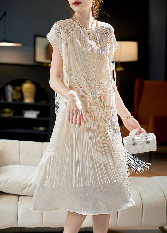 Beige Tasseled False Two Pieces Patchwork Chiffon Dress Summer