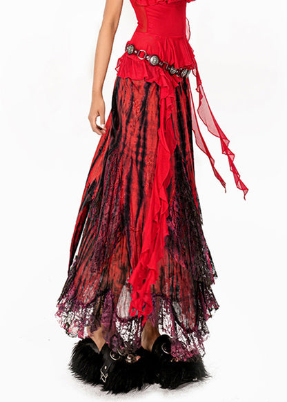 French Red Tie Dye Asymmetrical Patchwork a Line Skirts