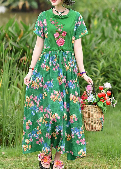 French Green Print Cotton Clothes Tie Waist Embroidery Cotton Robes Summer Dress