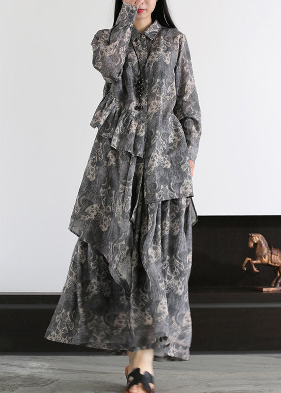 Boutique Grey Peter Pan Collar Print Shirts and Skirts Linen Two Pieces Set Spring