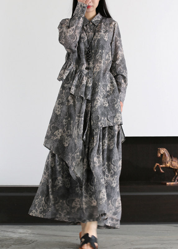 Boutique Grey Peter Pan Collar Print Shirts and Skirts Linen Two Pieces Set Spring