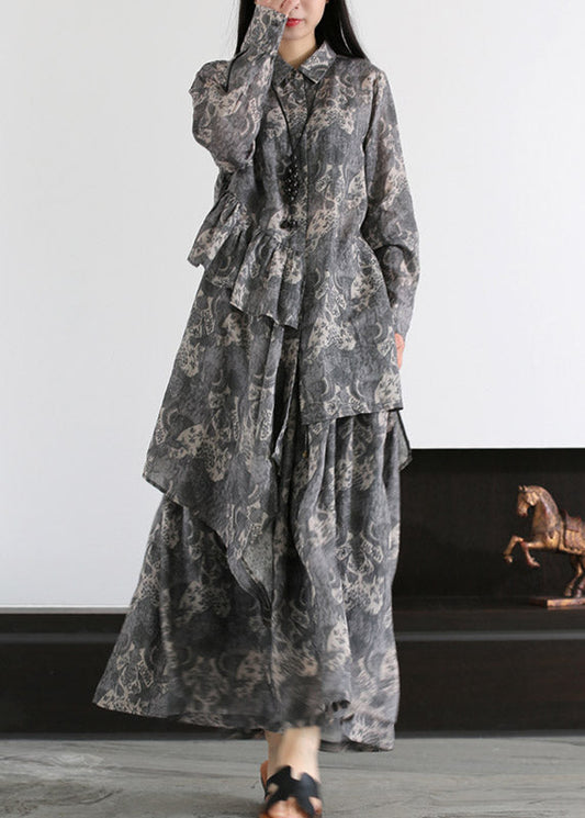 Boutique Grey Peter Pan Collar Print Shirts and Skirts Linen Two Pieces Set Spring