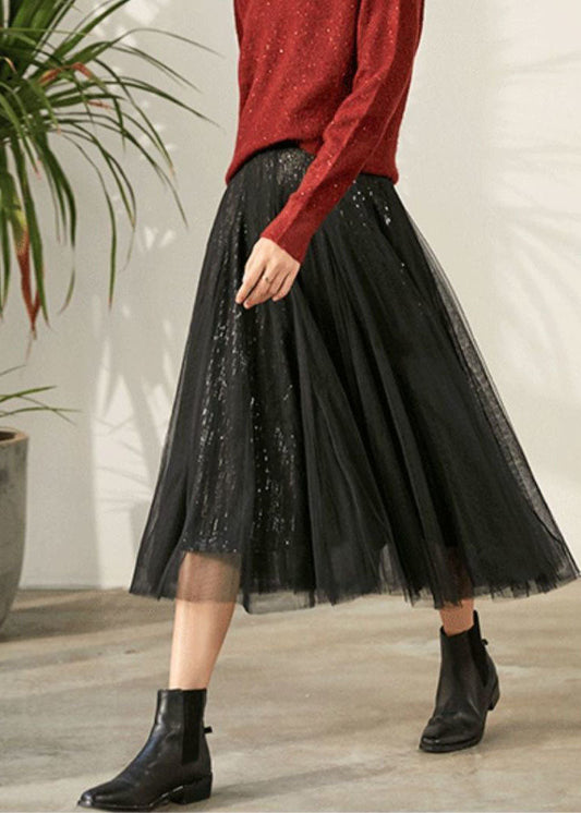 Black Elastic Waist Sequins Tulle Skirt Spring