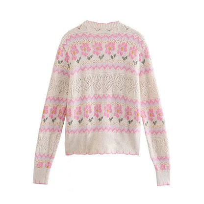 New Sweet Hollow Flower Jacquard V-neck Knitted Coat Sweater 7373