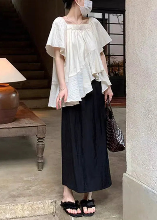 Loose Beige Asymmetrical Tops and Skirts Chiffon Sets 2 Pieces Summer