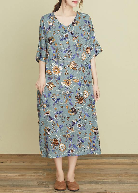 Handmade V Neck Pockets Summer Wardrobes Sewing Gray Print Robe Dresses