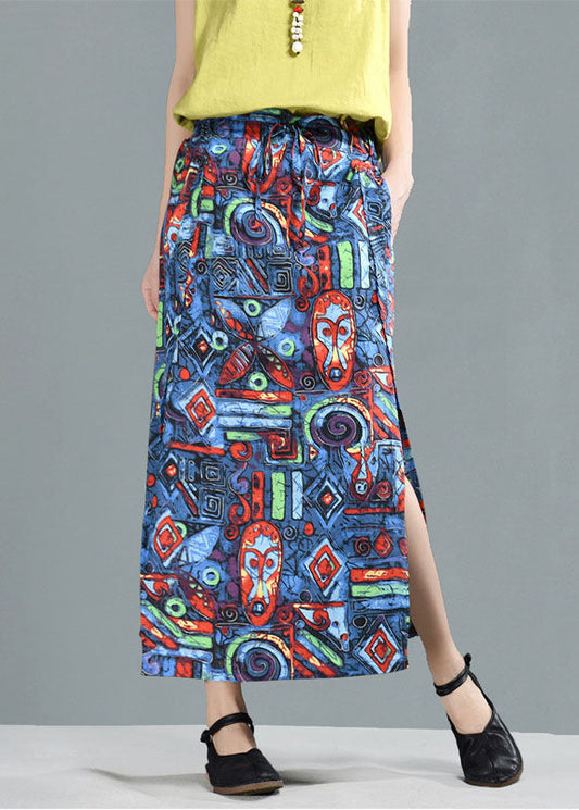 Blue Elastic Waist Pockets Print Linen a Line Skirt Summer