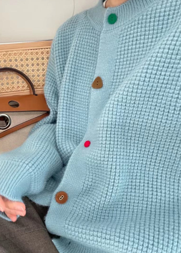 French Blue O Neck Button Versatile Knit Coat Fall
