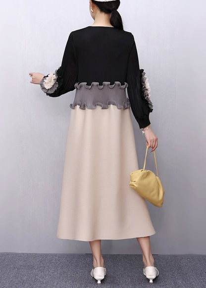 Black Nail Bead Patchwork Fall Maxi Dresses Ruffled