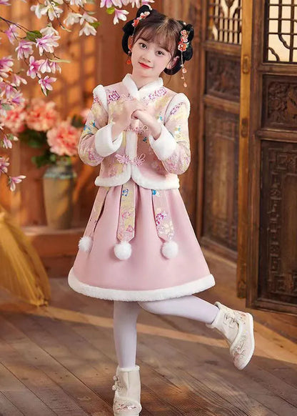 Pink Stand Collar Button Coats and Skirts Two Pieces Set Winter